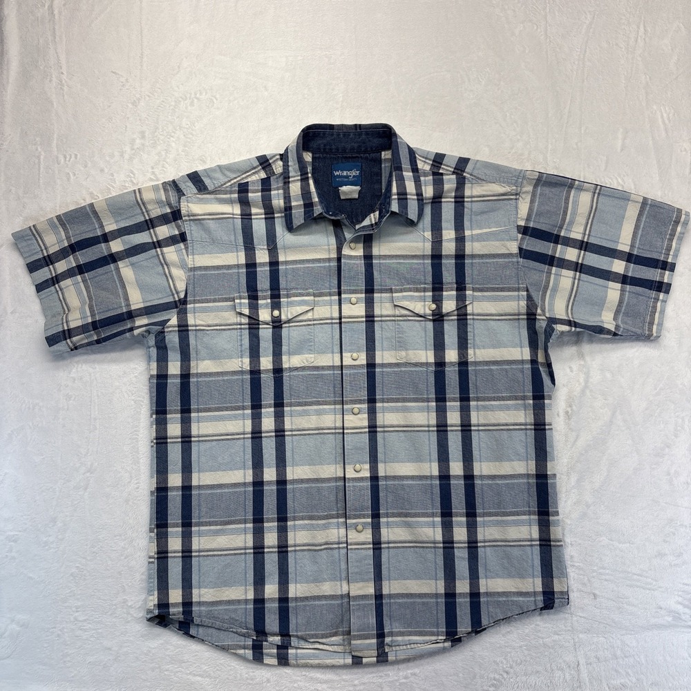Wrangler Shirt Men's XL Blue Plaid Western Pearl Snap Short Sleeve Western